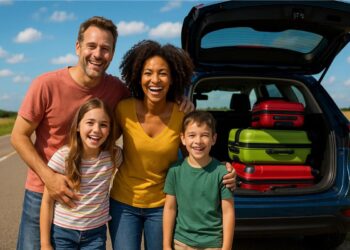 Uma família viajando no dia 30 de setembro; pai, filha, mãe e filho estão à frente do carro que tem algumas malas dentro