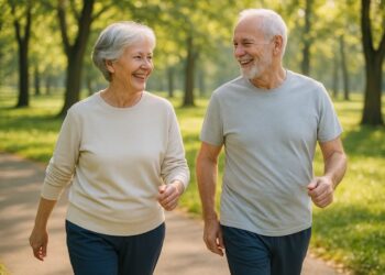 Um casal com mais de 60 anos que saiu para Caminhar no bosque pela manhã