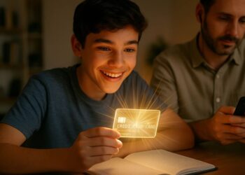 Cartão de crédito brilhando na mão de um adolescente que o olha hipnotizado