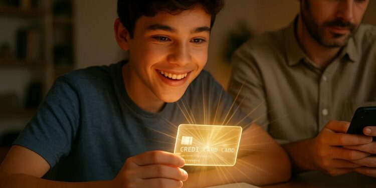Cartão de crédito brilhando na mão de um adolescente que o olha hipnotizado