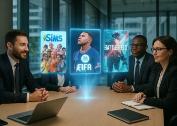 Imagem de uma reunião com títulos da EA Games aparecendo em holograma