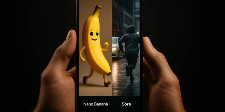 Nano Banana x Sora em um celular na mão de uma pessoa