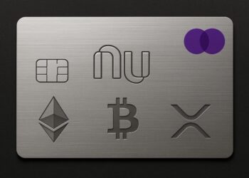 Cartão do Nubank com logo de criptomoedas (ETH, BTC, XRP)