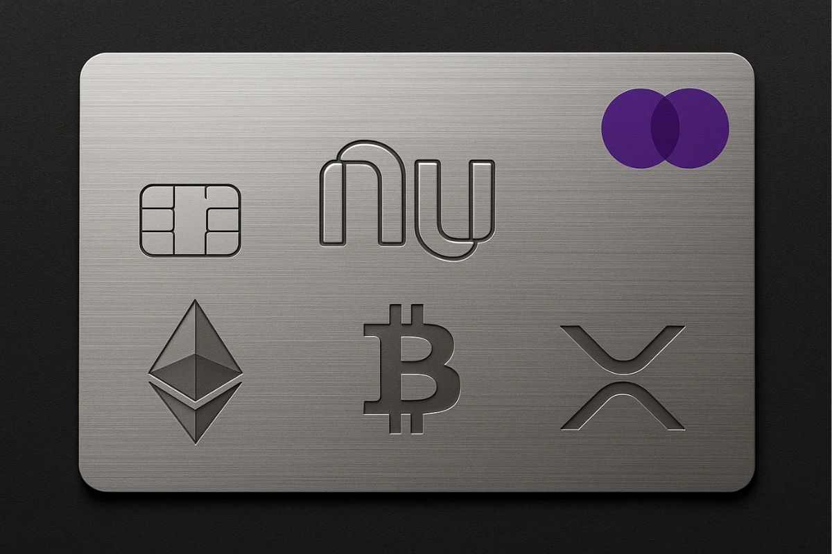Cartão do Nubank com logo de criptomoedas (ETH, BTC, XRP)