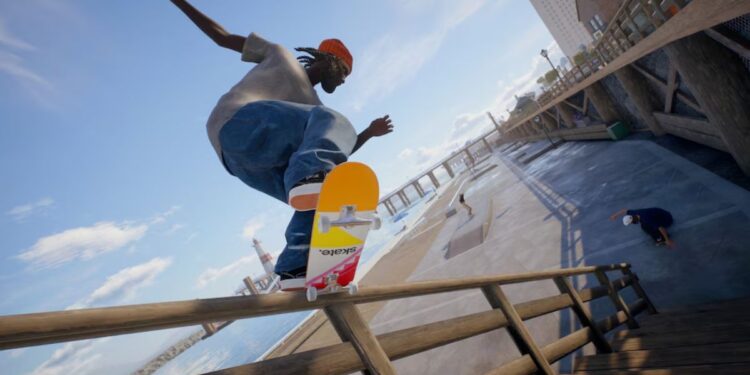 Imagem de um skatista em Skate. fazendo um grind em um corrimão de escada