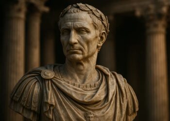 Uma estátua de César representando a fala de Veni, vidi, vici