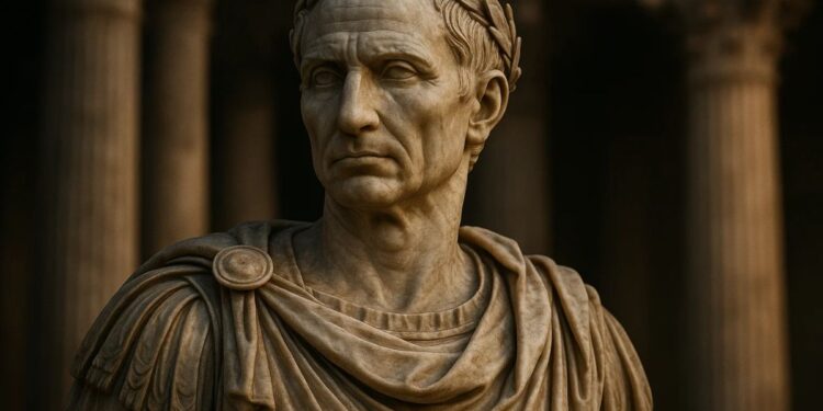 Uma estátua de César representando a fala de Veni, vidi, vici