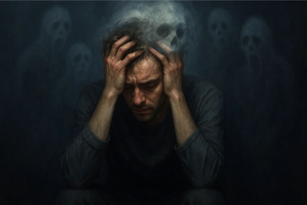 Uma pessoa pensando em seus medos que aparecem como fantasmas na forma de caveira