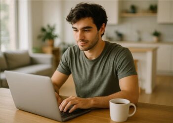 Um jovem em frente ao notebook trabalha pelo 99Freelas
