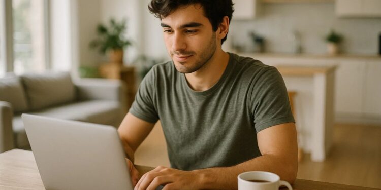 Um jovem em frente ao notebook trabalha pelo 99Freelas