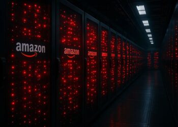 Uma sala de servidores da AWS com luzes vermelhas