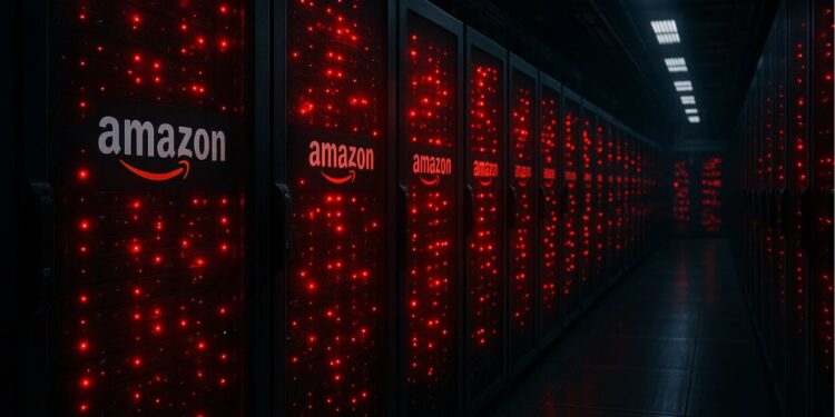 Uma sala de servidores da AWS com luzes vermelhas