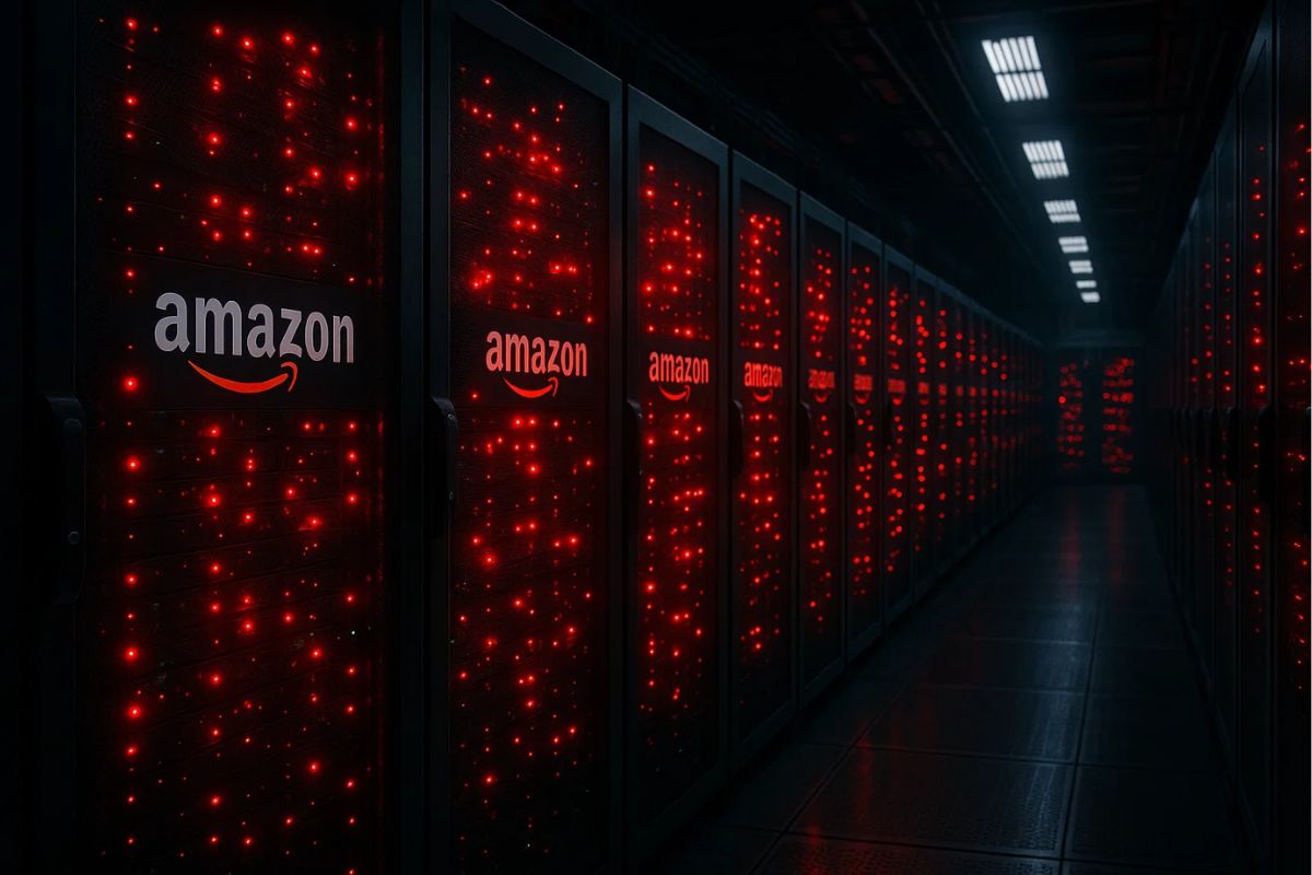 Uma sala de servidores da AWS com luzes vermelhas