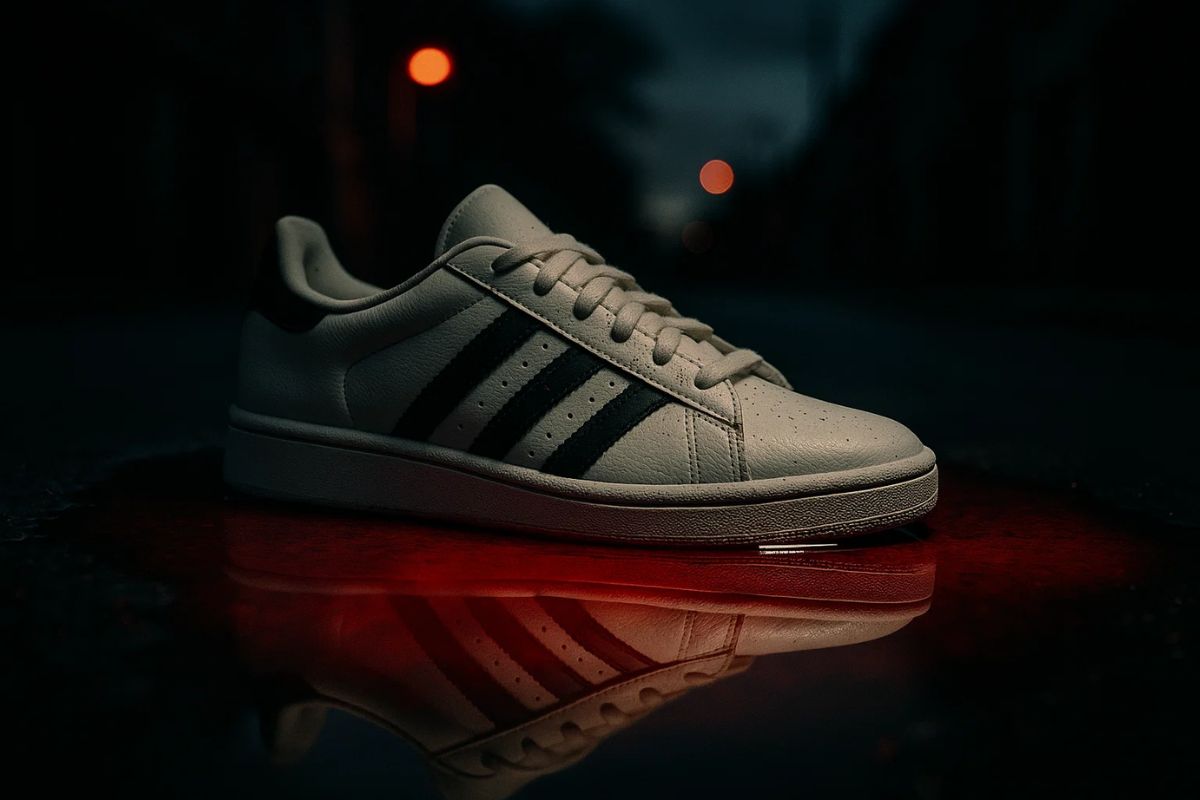 Tênis da Adidas em cima de uma poça de líquido vermelho