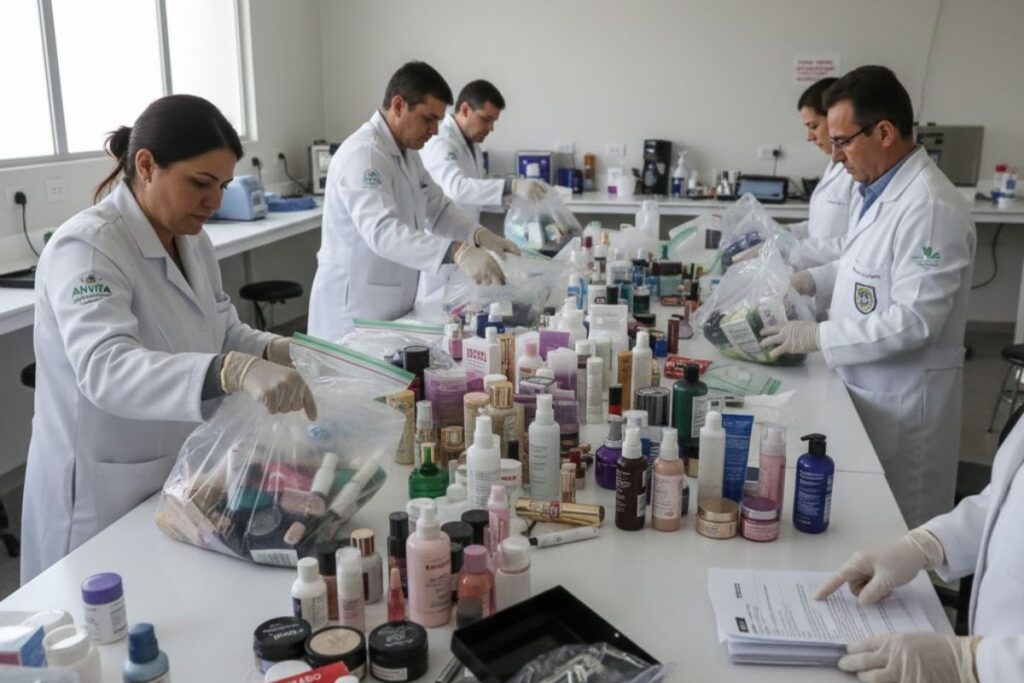 Agentes da Anvisa com diferentes cosméticos em cima de uma mesa