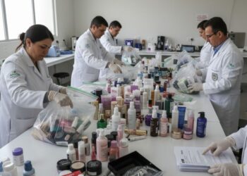 Agentes da Anvisa com diferentes cosméticos em cima de uma mesa