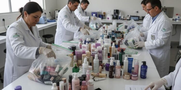 Agentes da Anvisa com diferentes cosméticos em cima de uma mesa