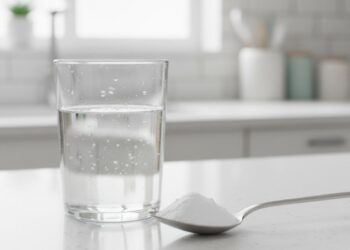 Um copo com uma colher ao lado com bicarbonato para aliviar a azia