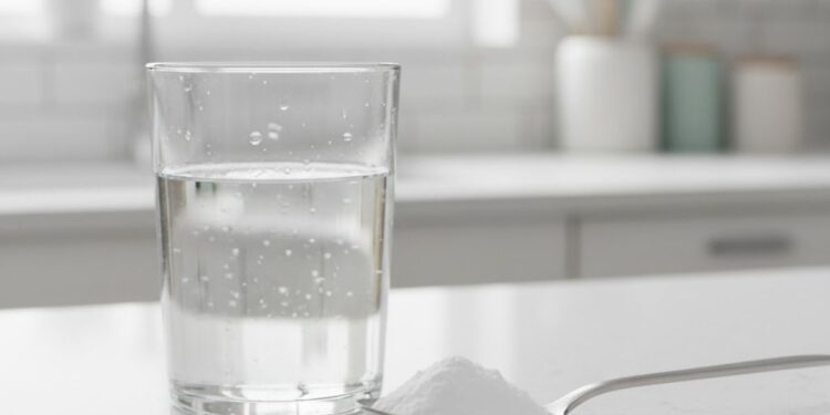 Um copo com uma colher ao lado com bicarbonato para aliviar a azia