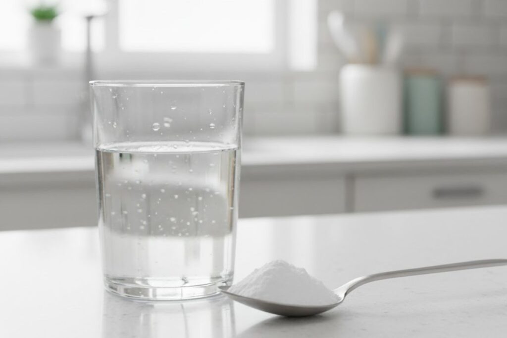 Um copo com uma colher ao lado com bicarbonato para aliviar a azia