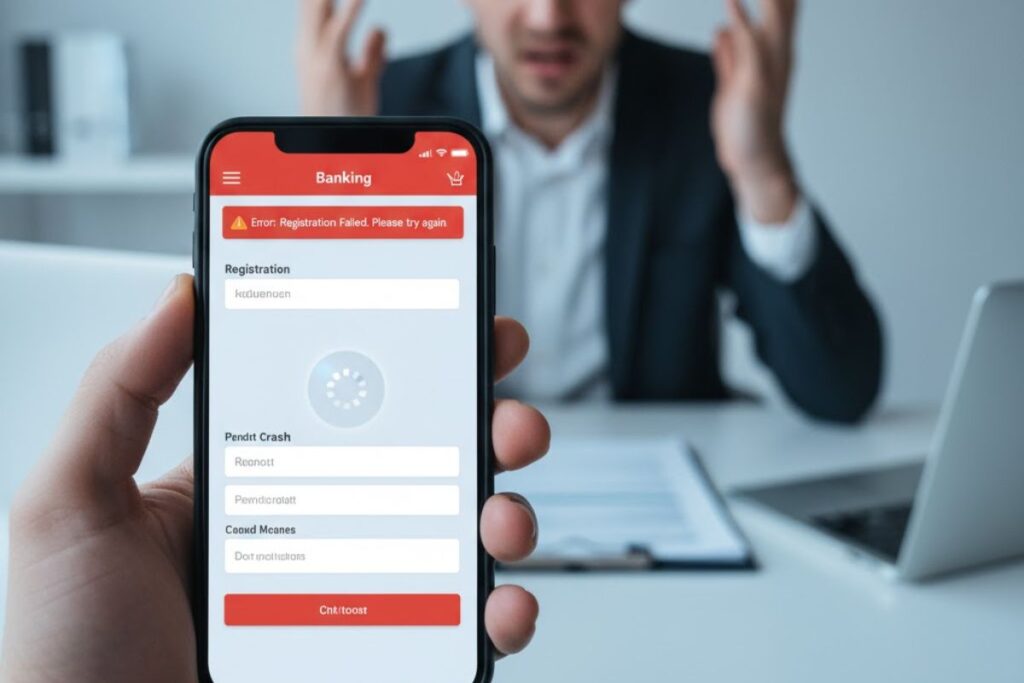 Um rapaz irritado e outro segura o celular com uma de suas contas bancárias travando