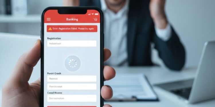 Um rapaz irritado e outro segura o celular com uma de suas contas bancárias travando