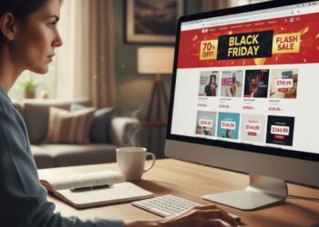 Uma mulher em frente à tela do seu computador vendo ofertas da Black Friday