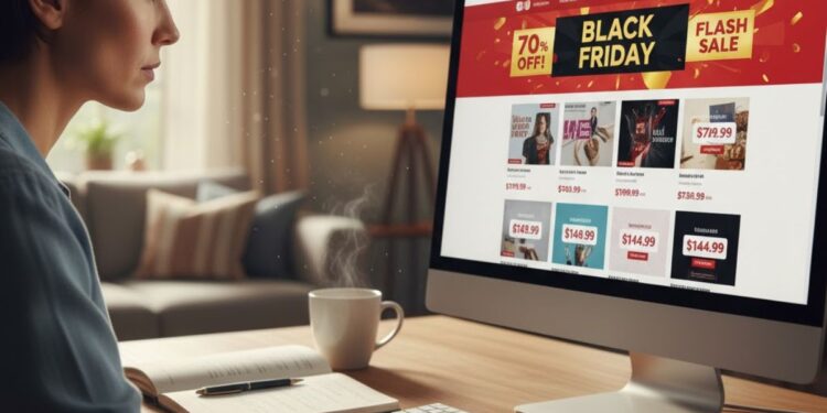 Uma mulher em frente à tela do seu computador vendo ofertas da Black Friday