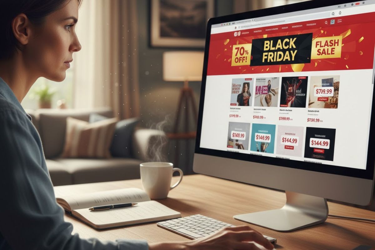 Uma mulher em frente à tela do seu computador vendo ofertas da Black Friday