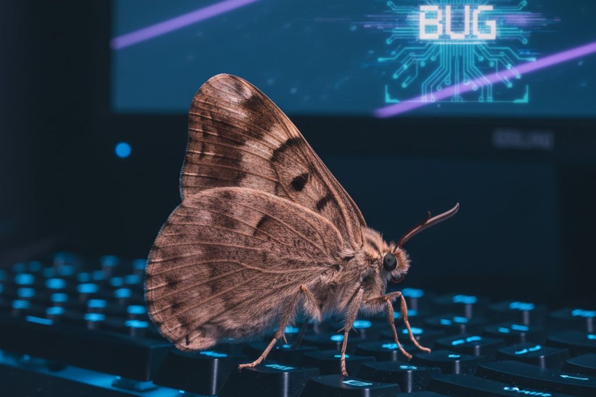 Imagem de uma mariposa representando um bug em cima do teclado de um computador