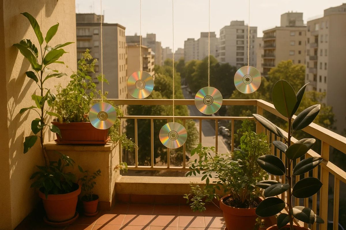 CDs pendurados em uma varanda