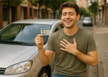 Um jovem feliz porque conseguiu tirar a sua CNH, ele segura o documento e coloca a mão no peito