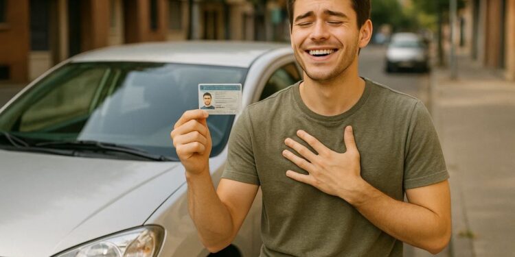 Um jovem feliz porque conseguiu tirar a sua CNH, ele segura o documento e coloca a mão no peito