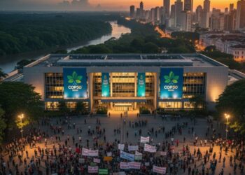 Imagem de multidão perto da sede da COP30