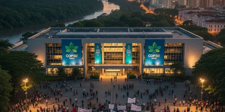 Imagem de multidão perto da sede da COP30