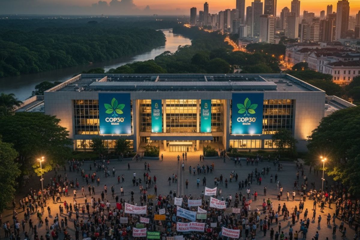 Imagem de multidão perto da sede da COP30