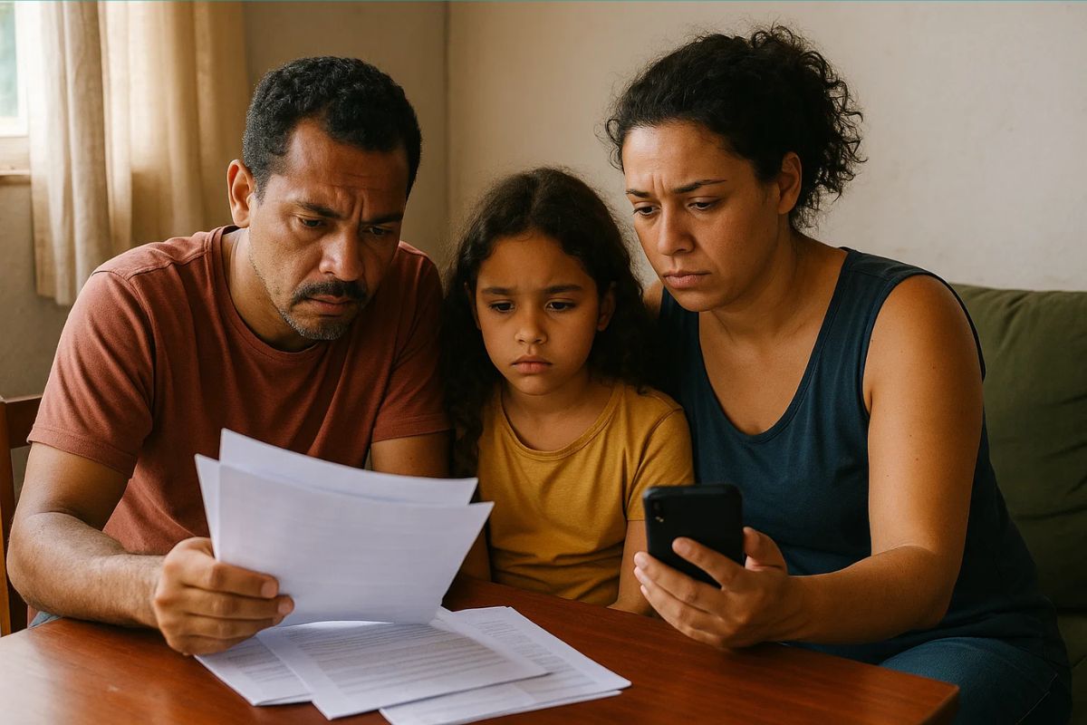 Uma família na sala de casa com os documentos da Caixa pedindo o novo benefício de R$ 6,2 mil
