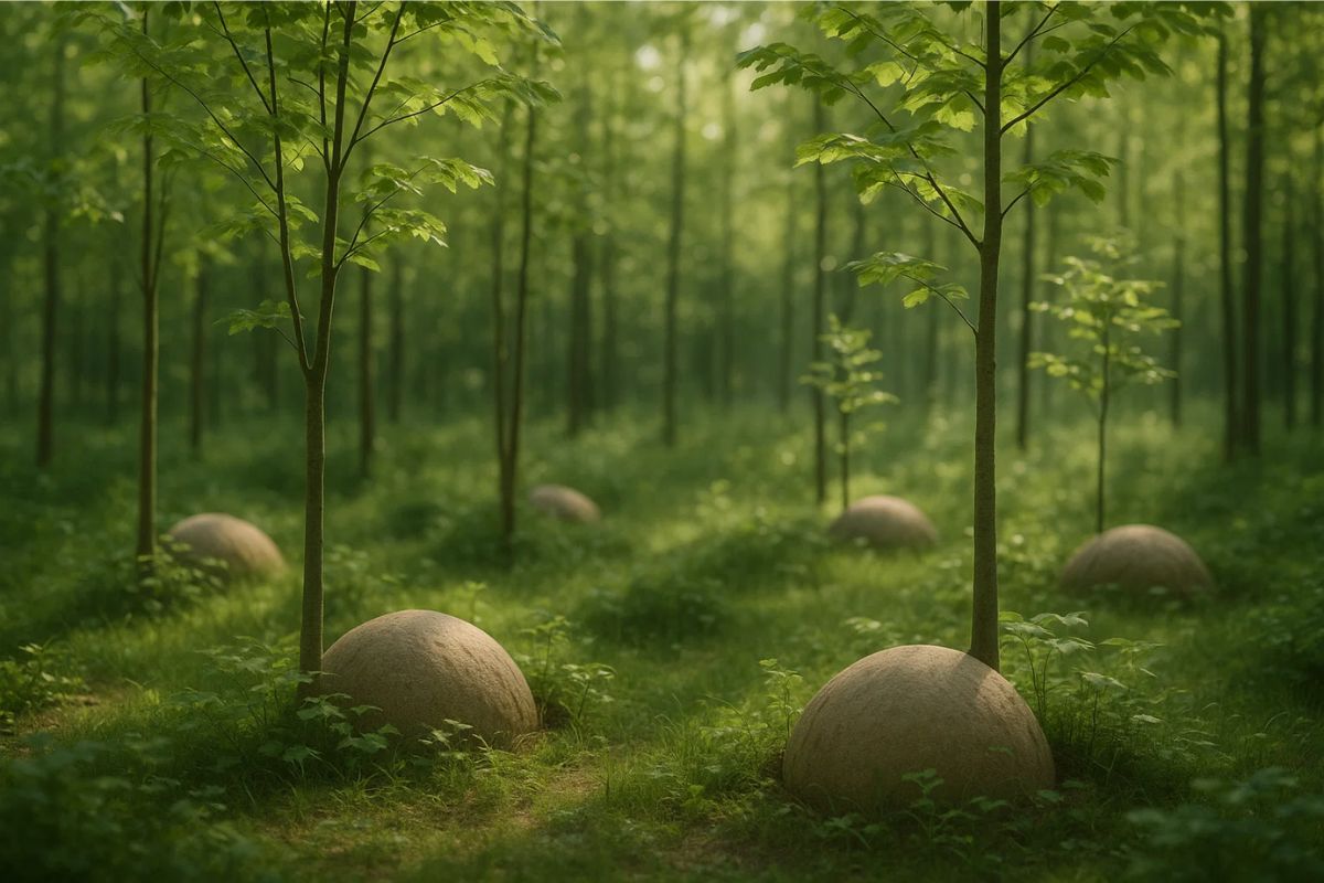 Módulos que substituem caixões na terra em frente a árvores