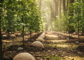 Módulos que substituem caixões na terra em frente a árvores