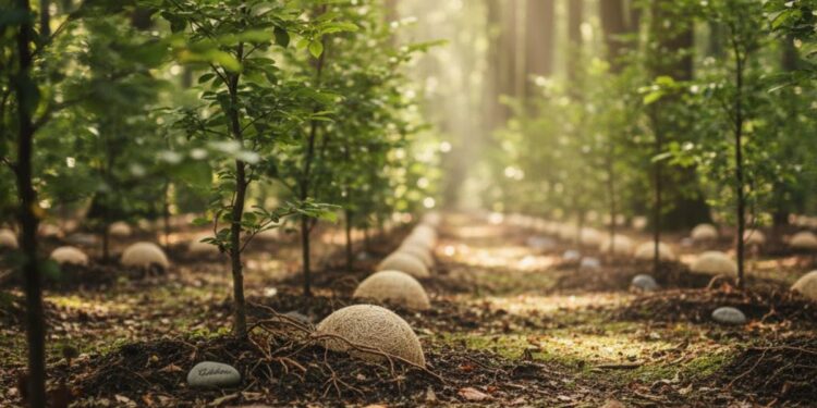 Módulos que substituem caixões na terra em frente a árvores
