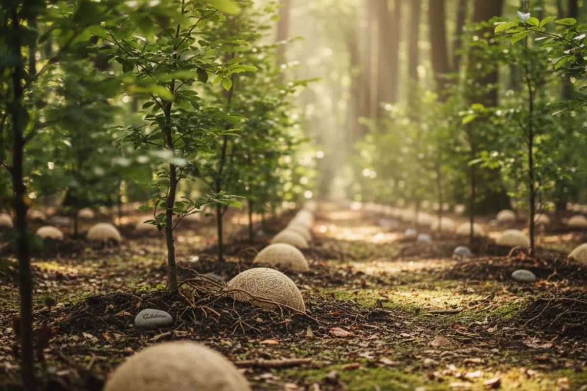 Módulos que substituem caixões na terra em frente a árvores