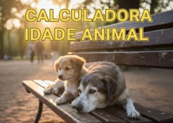 Capa com dois cães deitados em um bancoe na imagem está escrito: "Calculadora Idade Animal"