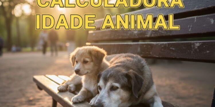 Capa com dois cães deitados em um bancoe na imagem está escrito: "Calculadora Idade Animal"