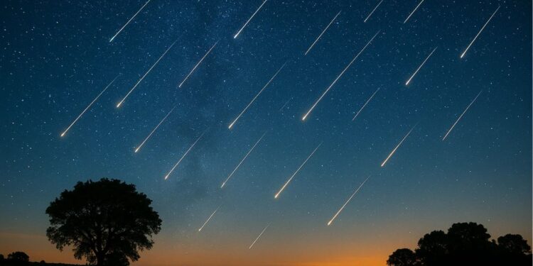Chuva de meteoros iluminando o céu escuro