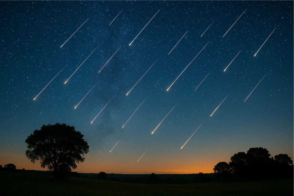 Chuva de meteoros iluminando o céu escuro