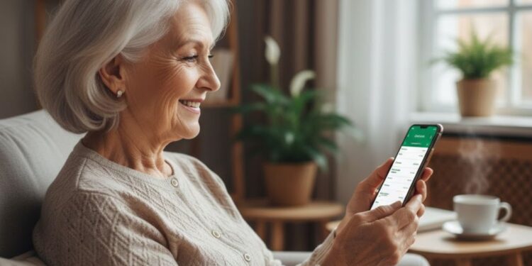 Uma beneficiária do INSS consulta a condição no app do celular