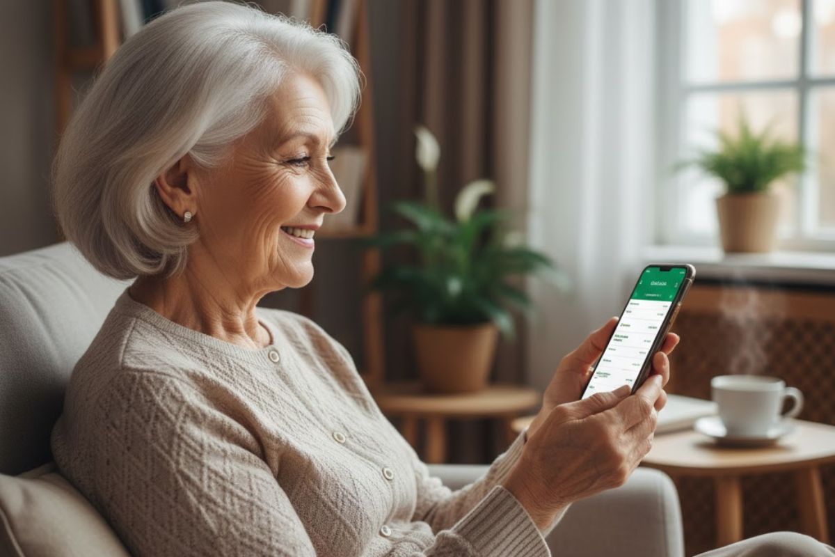 Uma beneficiária do INSS consulta a condição no app do celular