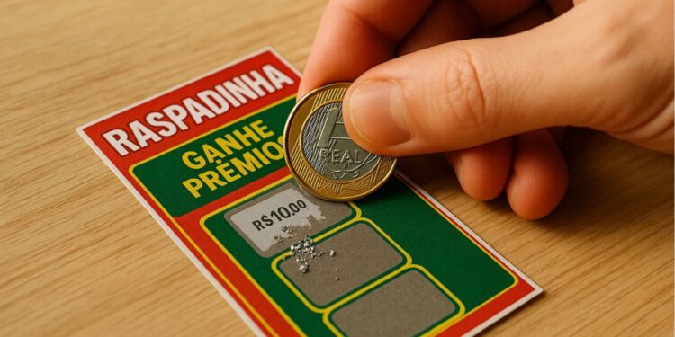 Imagem de um bilhete da loteria instantânea sendo raspada