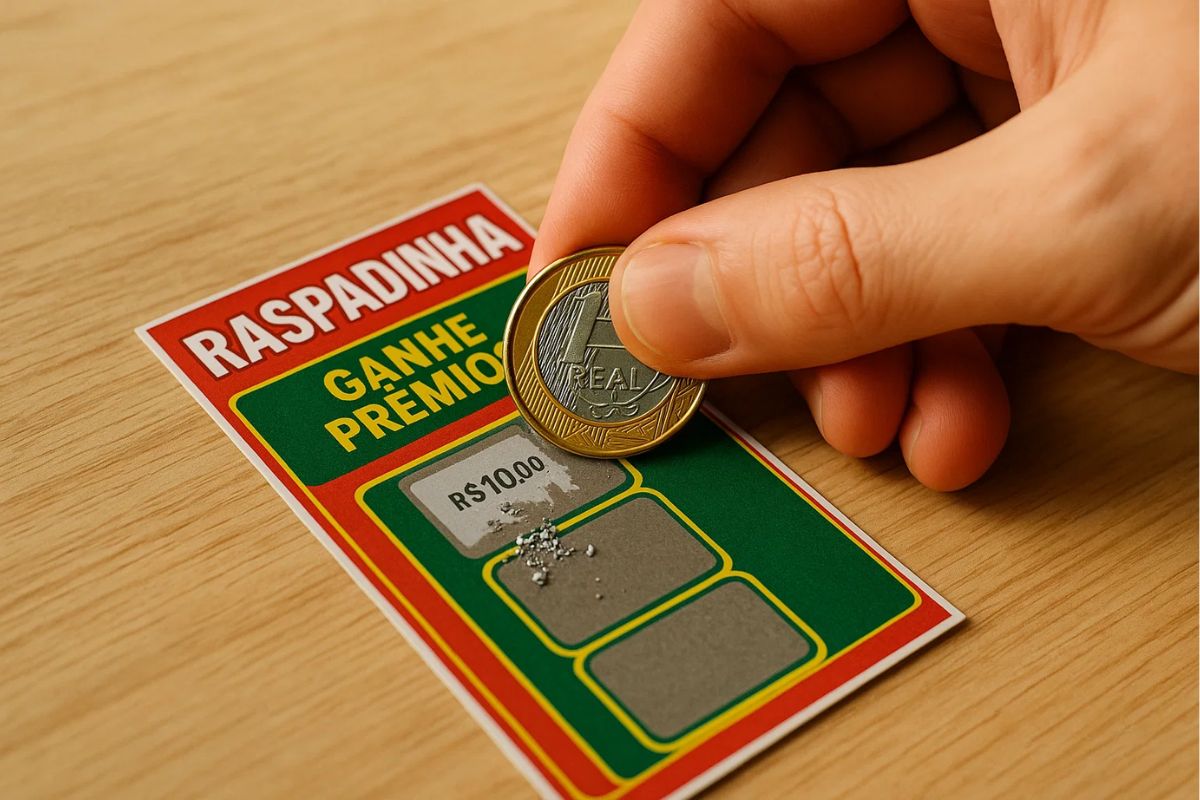 Imagem de um bilhete da loteria instantânea sendo raspada