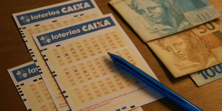 Bilhetes das Loterias da Caixa em cima de uma mesa. Há uma caneta em cima do bilhete e ao lado algumas notas
